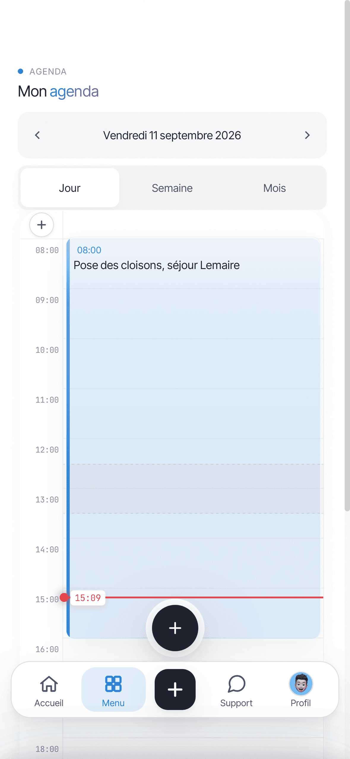 Écran Mon agenda d'Onify : semaine de chantier avec visites, métrés, pose et rendez-vous clients