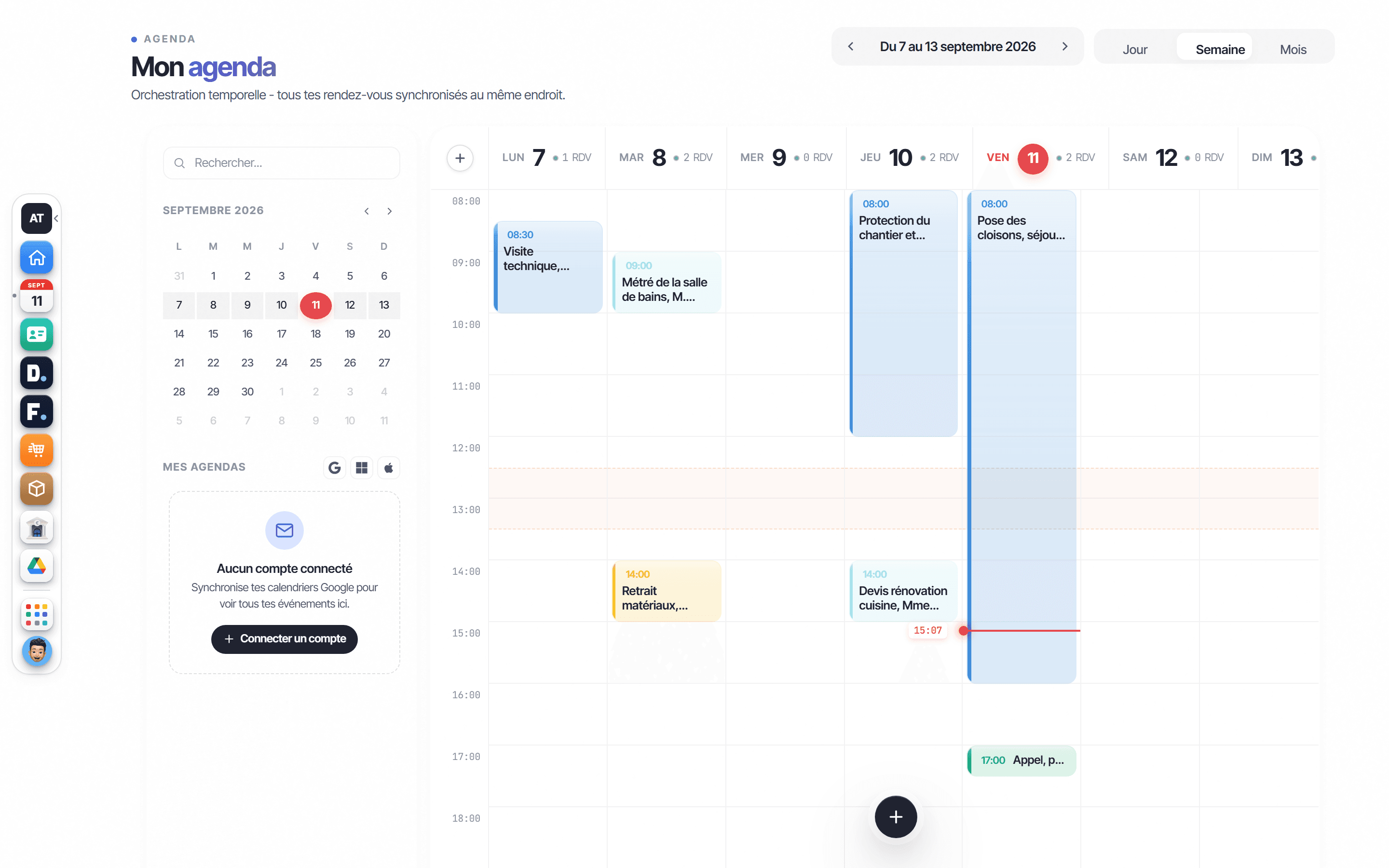 Écran Mon agenda d'Onify : semaine de chantier avec visites, métrés, pose et rendez-vous clients
