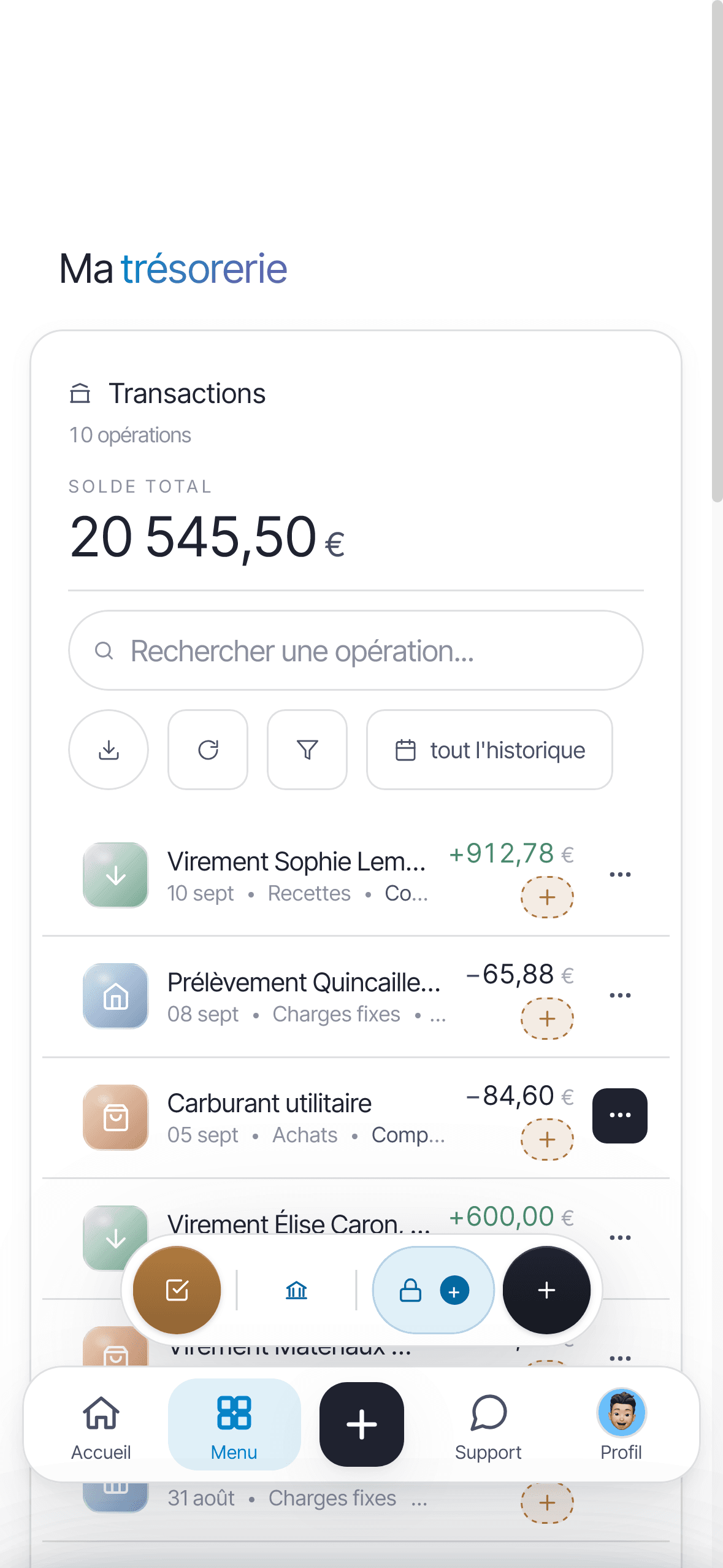 Écran Ma trésorerie d'Onify : opérations du compte pro, catégories, montants et justificatifs à pointer