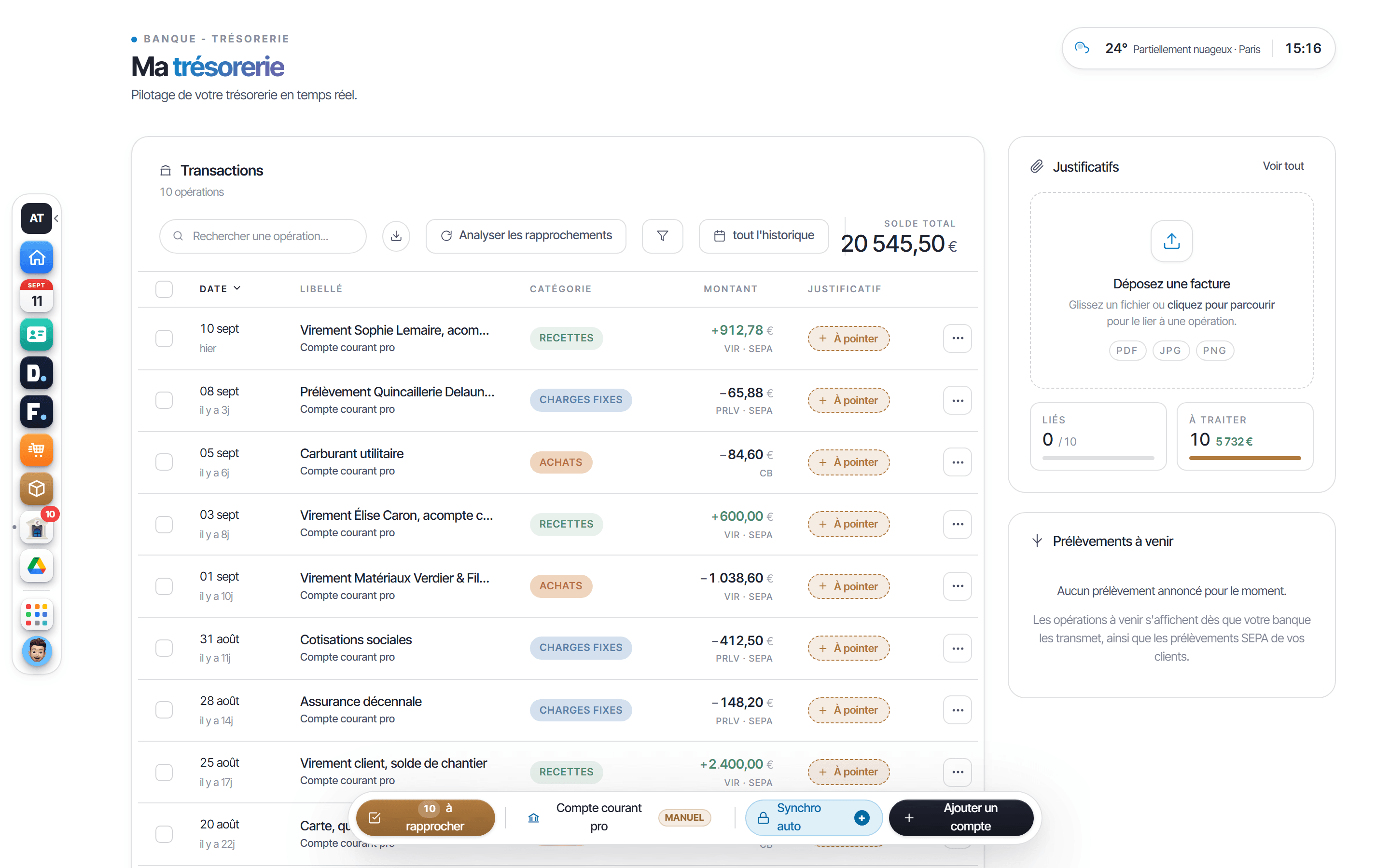 Écran Ma trésorerie d'Onify : opérations du compte pro, catégories, montants et justificatifs à pointer