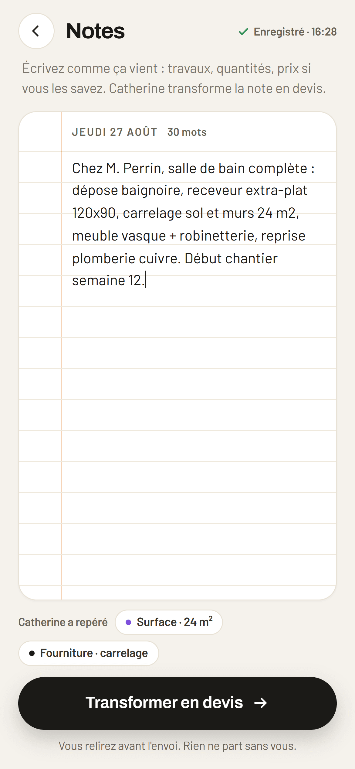 Écran Notes de l'assistant Onify