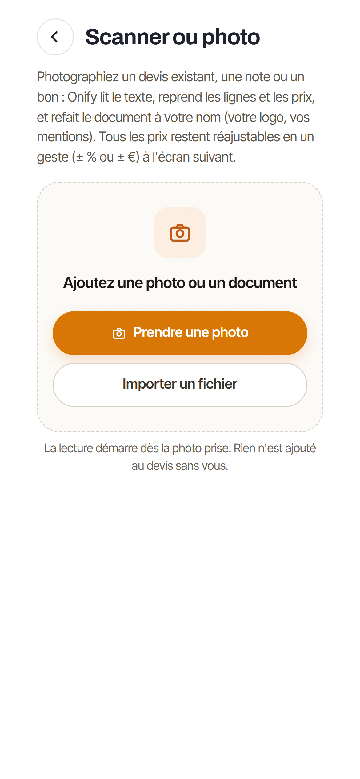 Écran Scanner de l'assistant Onify