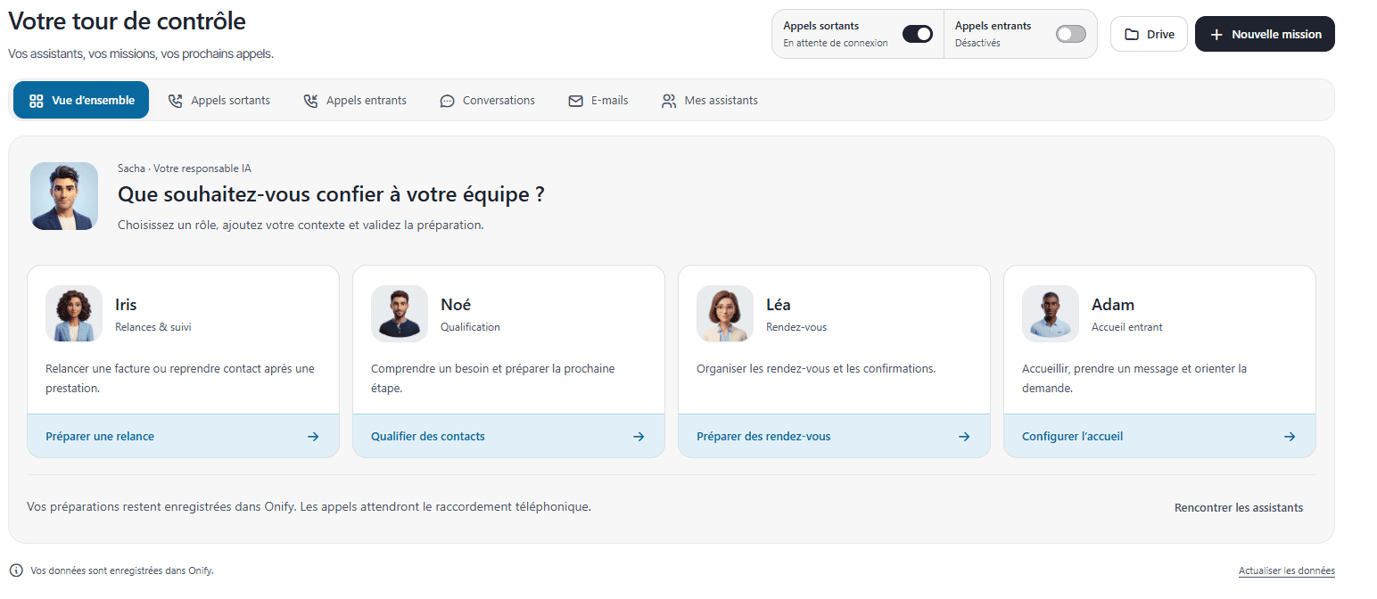 La tour de contrôle Onify : Sacha prépare les missions de l’équipe IA, avec Iris pour les relances, Noé pour la qualification, Léa pour les rendez-vous et Adam pour l’accueil entrant.
