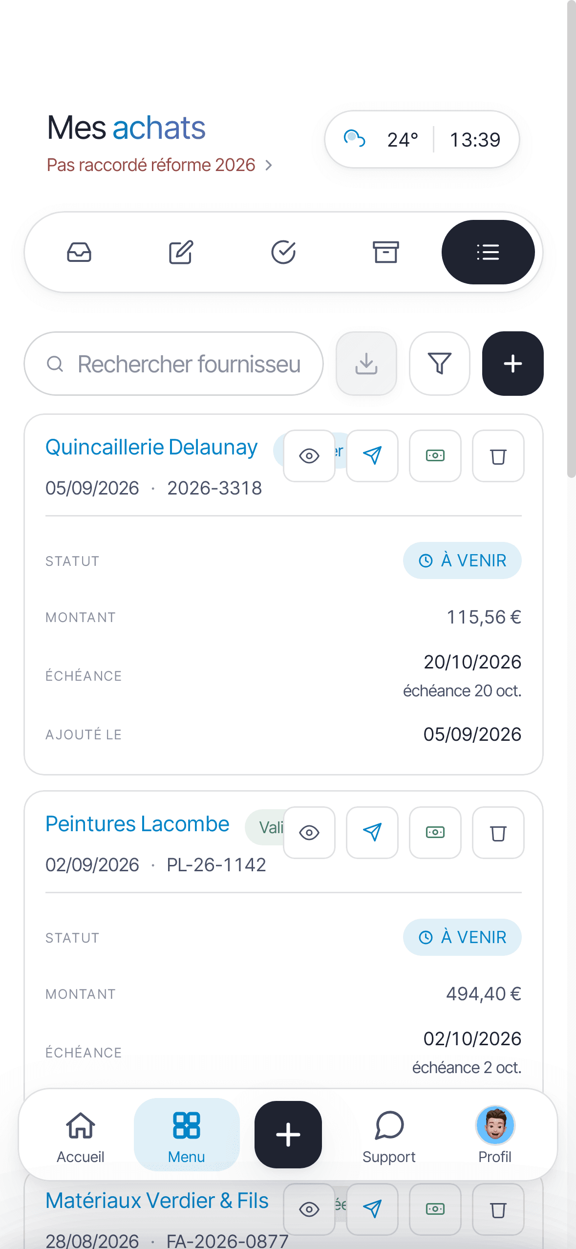 Écran Mes achats d'Onify : factures fournisseurs, statuts, échéances et totaux
