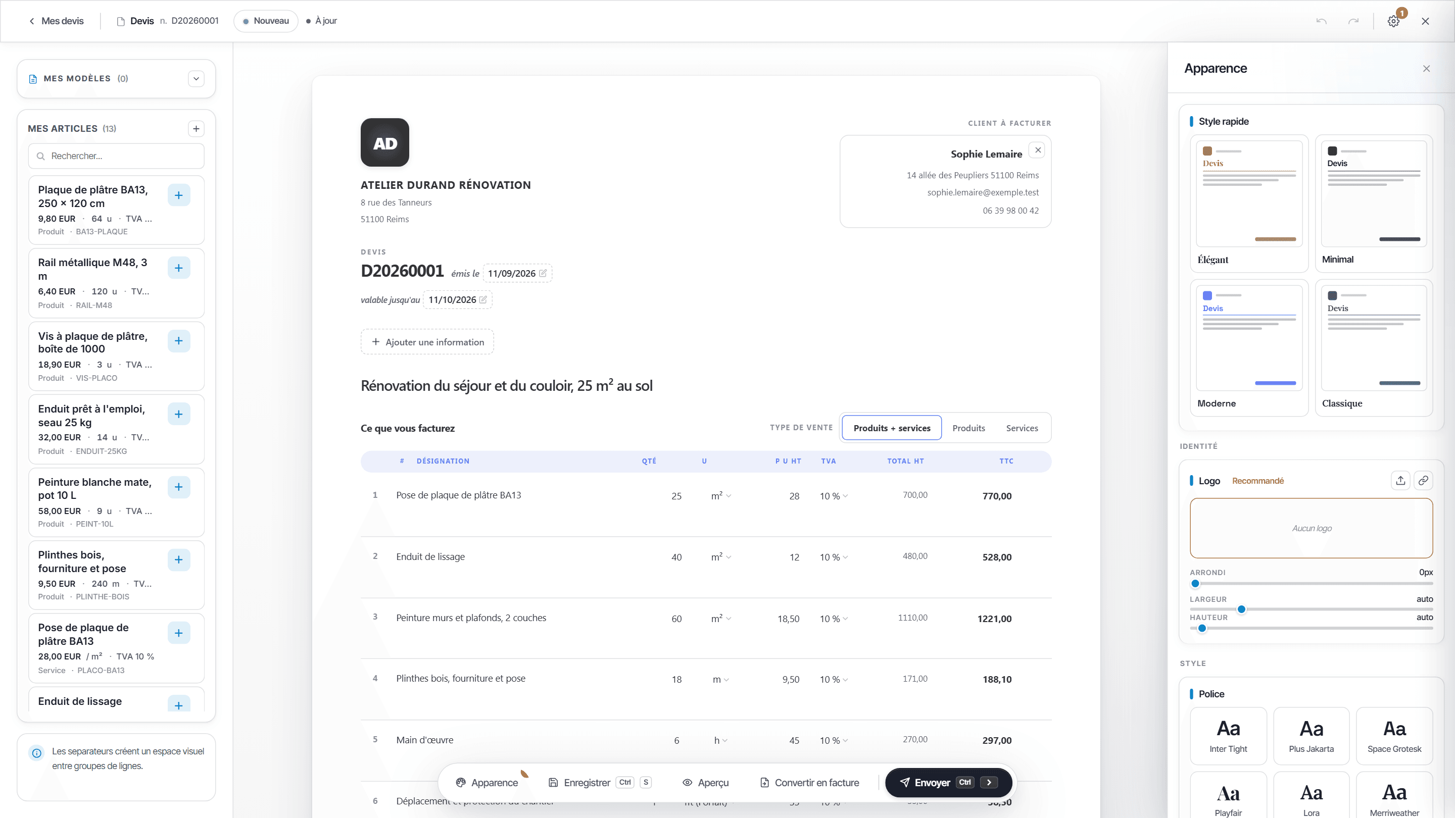 Devis D20260001 dans Onify sur ordinateur, avec « Mes articles » à gauche et le panneau Apparence à droite : client, six lignes de travaux, TVA 10 %, styles Élégant, Minimal, Moderne, Classique et logo