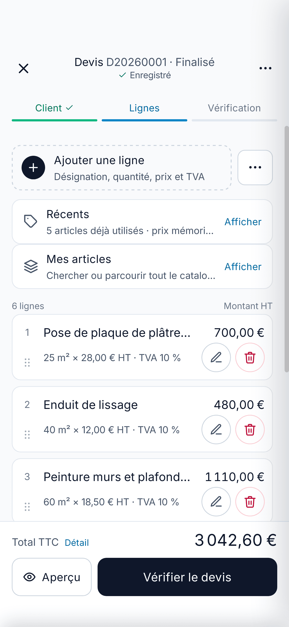 Devis D20260001 dans Onify sur ordinateur, avec « Mes articles » à gauche et le panneau Apparence à droite : client, six lignes de travaux, TVA 10 %, styles Élégant, Minimal, Moderne, Classique et logo