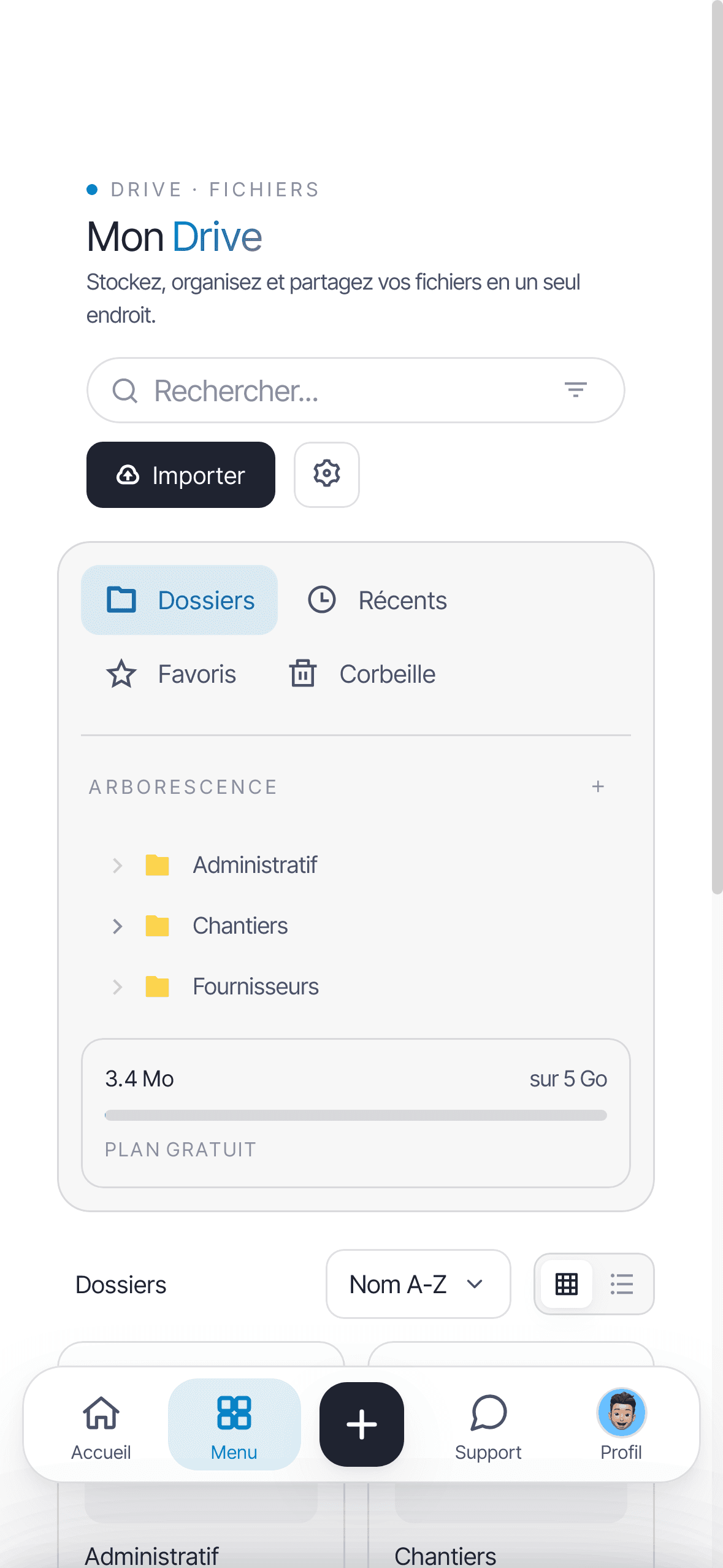 Écran Mon Drive d'Onify : dossiers Administratif, Chantiers et Fournisseurs, arborescence et espace utilisé