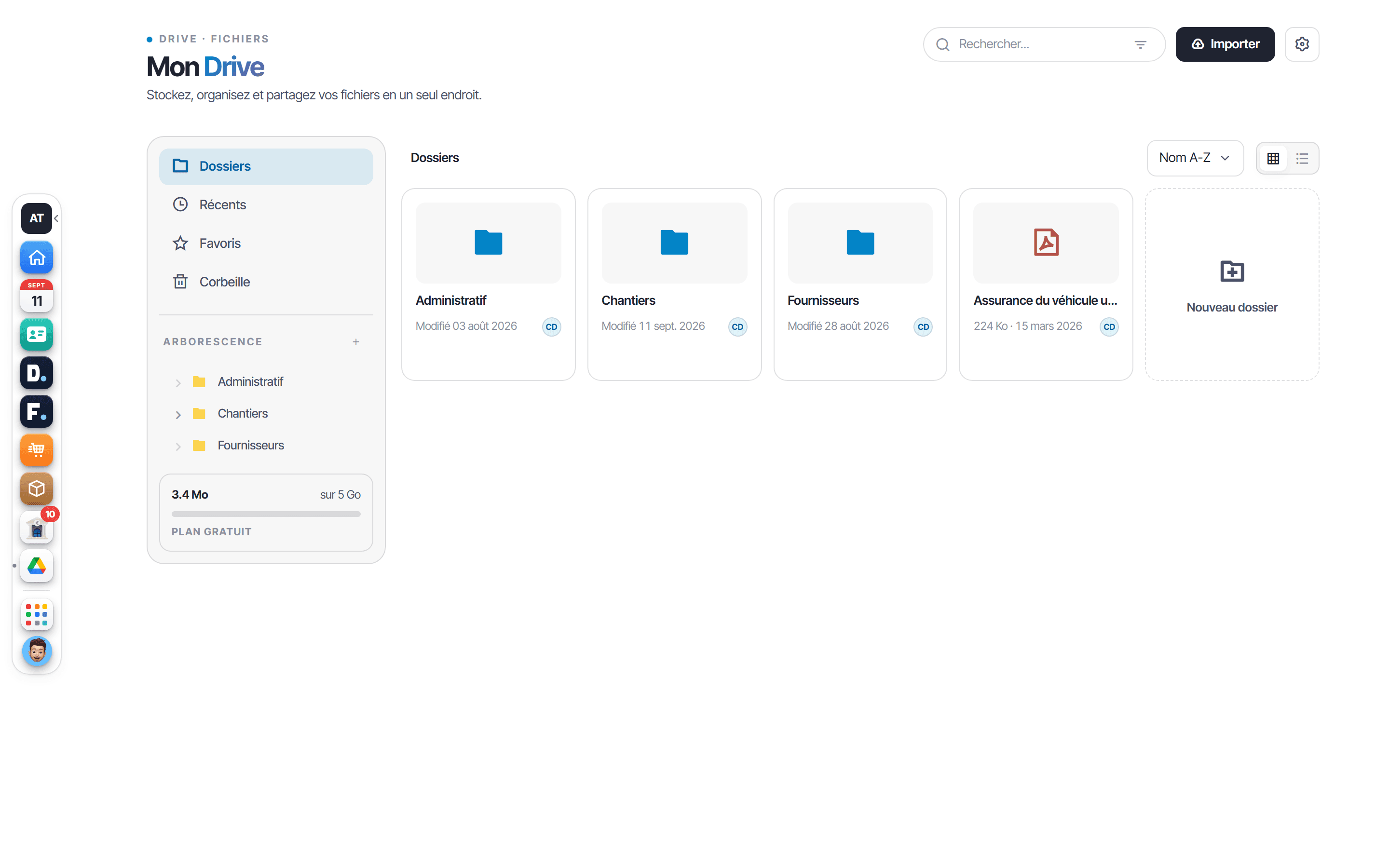 Écran Mon Drive d'Onify : dossiers Administratif, Chantiers et Fournisseurs, arborescence et espace utilisé