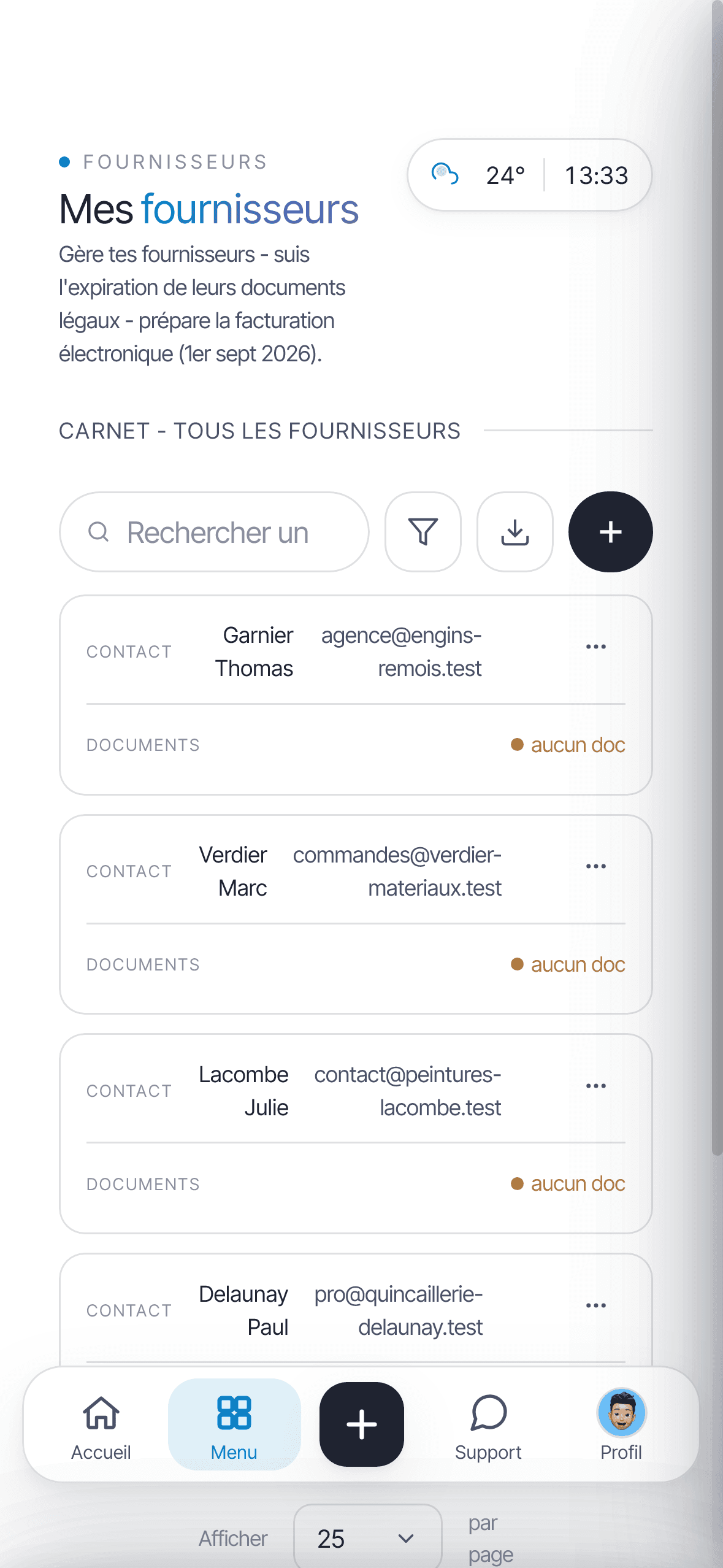 Écran Mes fournisseurs d'Onify : carnet des fournisseurs avec contact, SIRET et documents