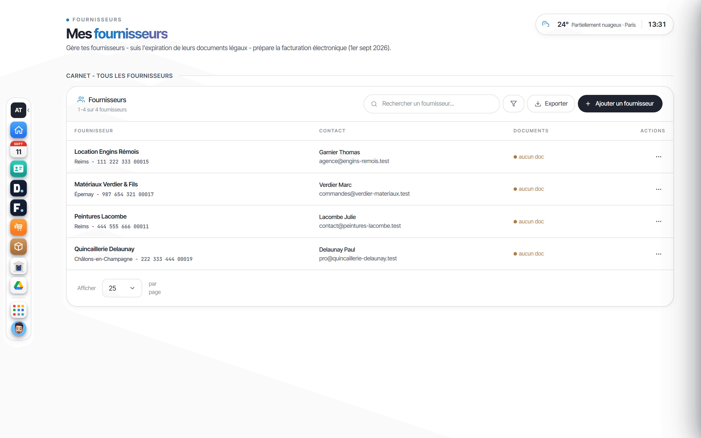 Écran Mes fournisseurs d'Onify : carnet des fournisseurs avec contact, SIRET et documents