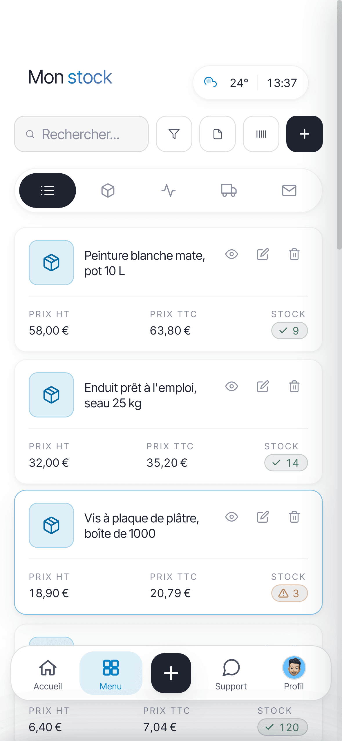 Écran Mon stock d'Onify : produits et services, prix, marge, stock et alerte de seuil