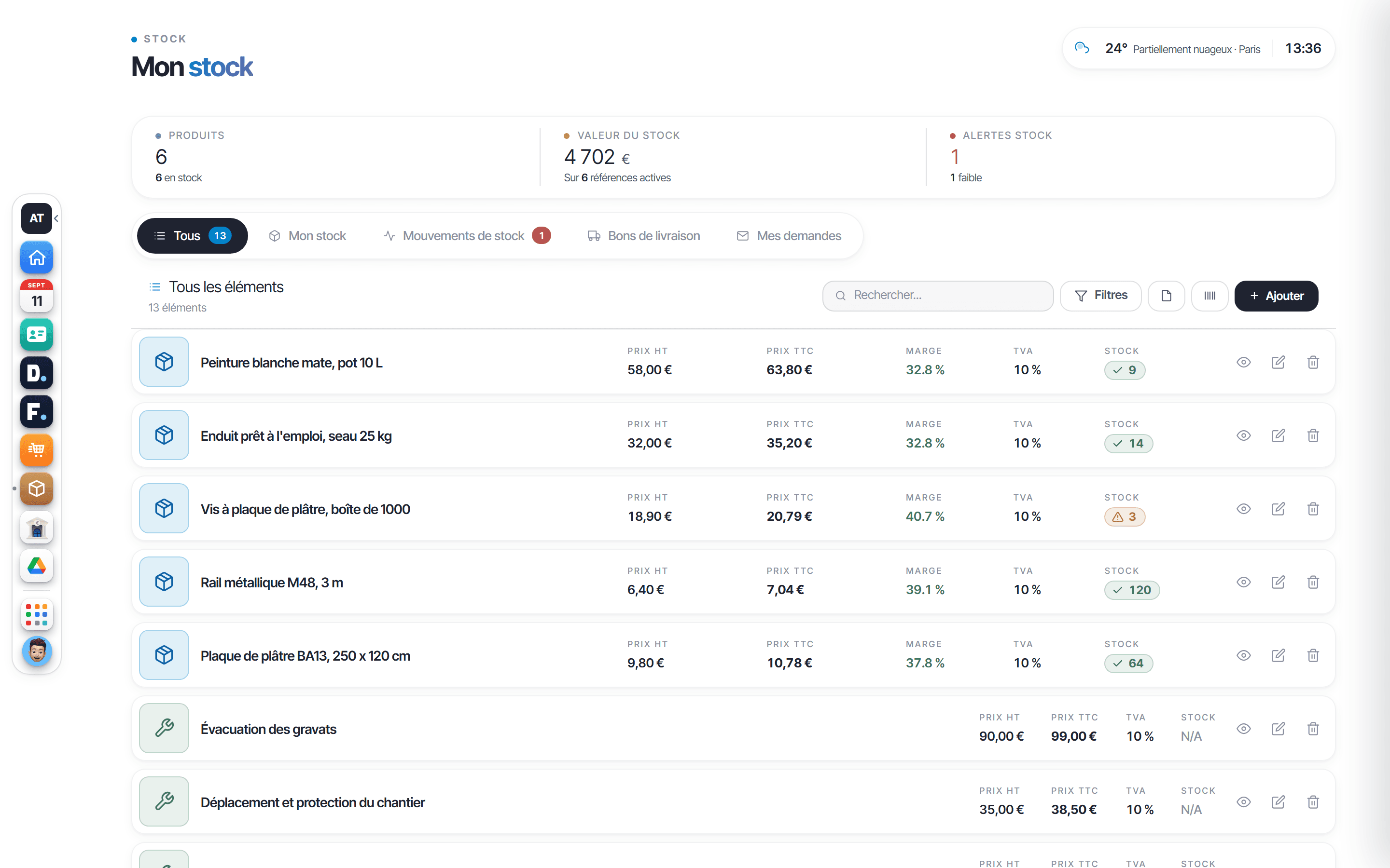 Écran Mon stock d'Onify : produits et services, prix, marge, stock et alerte de seuil